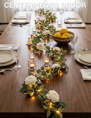 60LED Garland with White Camellia Lights Battery Operated Clear Wire