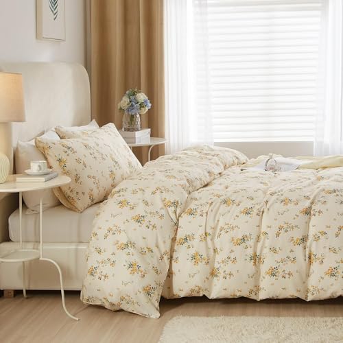 Garden Style Yellow Floral Comforter Set Twin XL Chic Flower Leaves Printed Girls Floral Bedding Set Fluffy Soft Microfiber Twin XL Comforter with 2 Pillowcases Vintage Floral Botanical Comforter Set