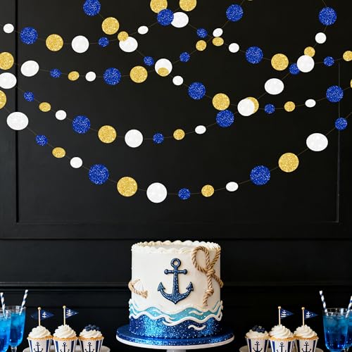 Royal Blue Gold White Party Polka Dot Garland Dark Blue Glitter Gold White Hanging Paper Circle Dots Streamer for Birthday Graduation Wedding Shower Retirement Nautical Party Decorations Supplies