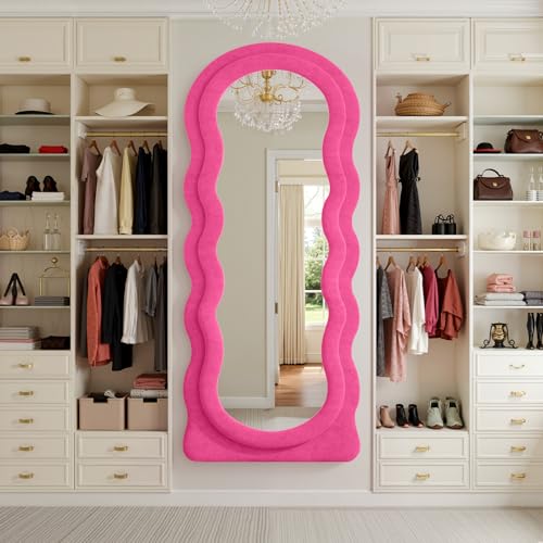 Full Length Mirror 71"x30" Irregular Wavy Full Body Wall Mounted Floor Mirror with Stand Hot Pink Flannel Frame Leaning Hanging Wall for Bedroom Entrance Hallway