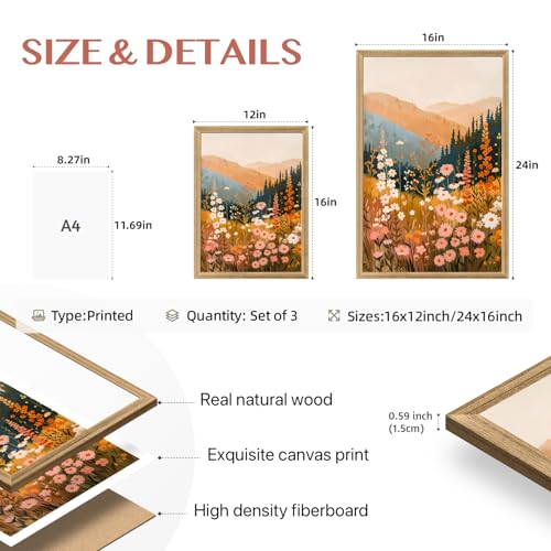 Wood Framed Mountain Wildflower Wall Art Set of 3 (3 Count)