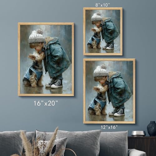 Cute Child Wall Art Prints Handsome Little Boy And Puppy Poster Canvas Art Wall Decor Picture For Bedroom Baby Room Bathroom Wall Decor Aesthetic Home Artwork 8" × 10" With Framed