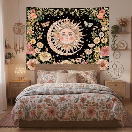 Boho Vintage Sun and Moon Hippie Floral Tapestry 80 x 60 Inch
