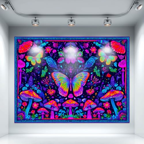Blacklight Tapestry Butterfly Mushroom Room Decor 78 x 59 Inch
