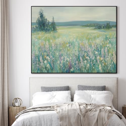 60"x72" Extra Large Framed Wall Art Wildflower Meadow Landscape Soft Pastel Nature Illustration for Home Living Room Bedroom Decor