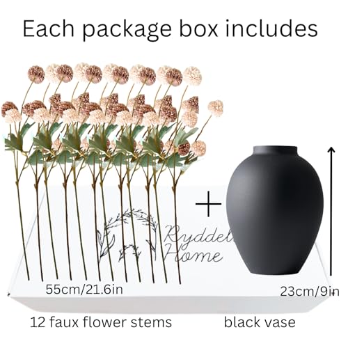 12 Stems Fake Mum Flowers with Black Vase for Home Decor (12 Count)