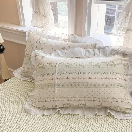 Botanical Floral Comforter Set Full Size Cute Flower Leaves Rabbit Pattern Comforter Reversible Green Plaid Comforter Girls Princess Bedding Set Lace Ruffle Comforter Set for Kids Teen Girls (3 Count)