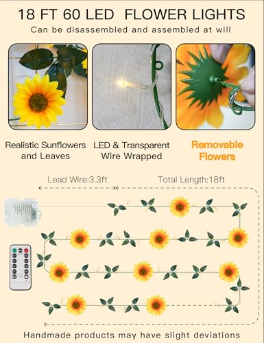 Sunflower Garland with 60LED Fairy Light Battery Operated Clear Wire