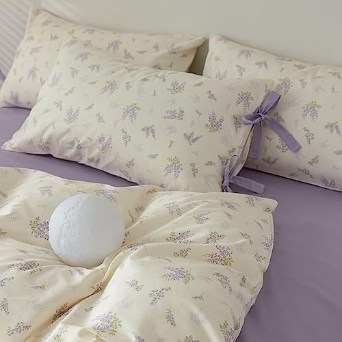 Lilac Floral Comforter Set Full Size Purple Flower Comforter with 2 Bow Ties Pillowcases Cute Floral Bedding Set Vintage Botanical Comforter Set for Girls Women Soft Fluffy Bed Set for All Season