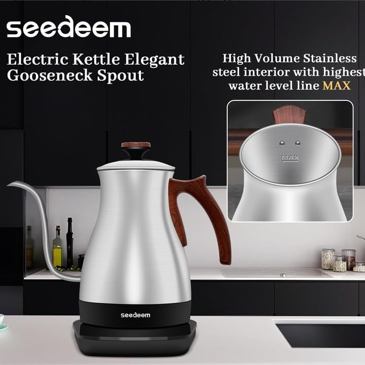SEEDEEM Gooseneck Electric Kettle Full Touch Screen 1200W Electric Tea & Coffee Kettle with Four Heating Modes Rapid Heating,±1℉ Temperature Control,Keep Warm Mode,1L Electric kettle