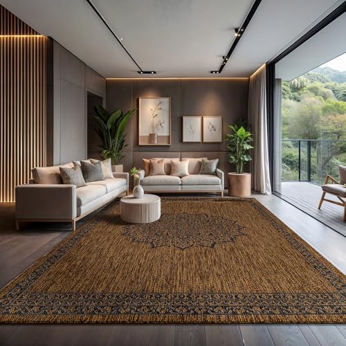 Outdoor Rug 9x12 Medallion Gold Modern Large Area Rugs for Indoor and Outdoor Patios Kitchen and Hallway Mats Washable Porch Deck Outside Carpet (108 Sq Ft)