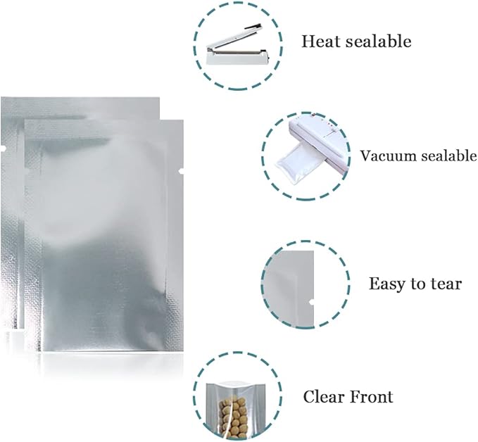 Silver Aluminum Foil Pouch Heat Seal Front Window Plastic Mini Open Top Flat Vacuum Packaging Mylar Bag Food Small Sample Mylar Storage with Tear Notch (100, 12x17cm (4.7x6.7 inch))