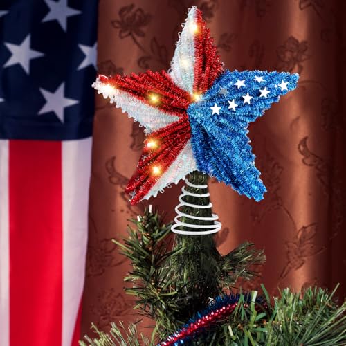 4th of July Star Tree Topper 250 Anniversary 9'' Independence Day Tree Decoration 3D Star Topper with Lights Party Decoration for 4th of July Holiday Outdoor Party Gift
