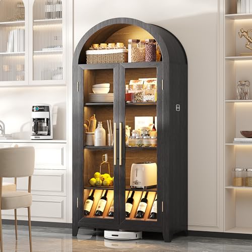 71" Arched Kitchen Pantry Storage Cabinet with Glass Doors