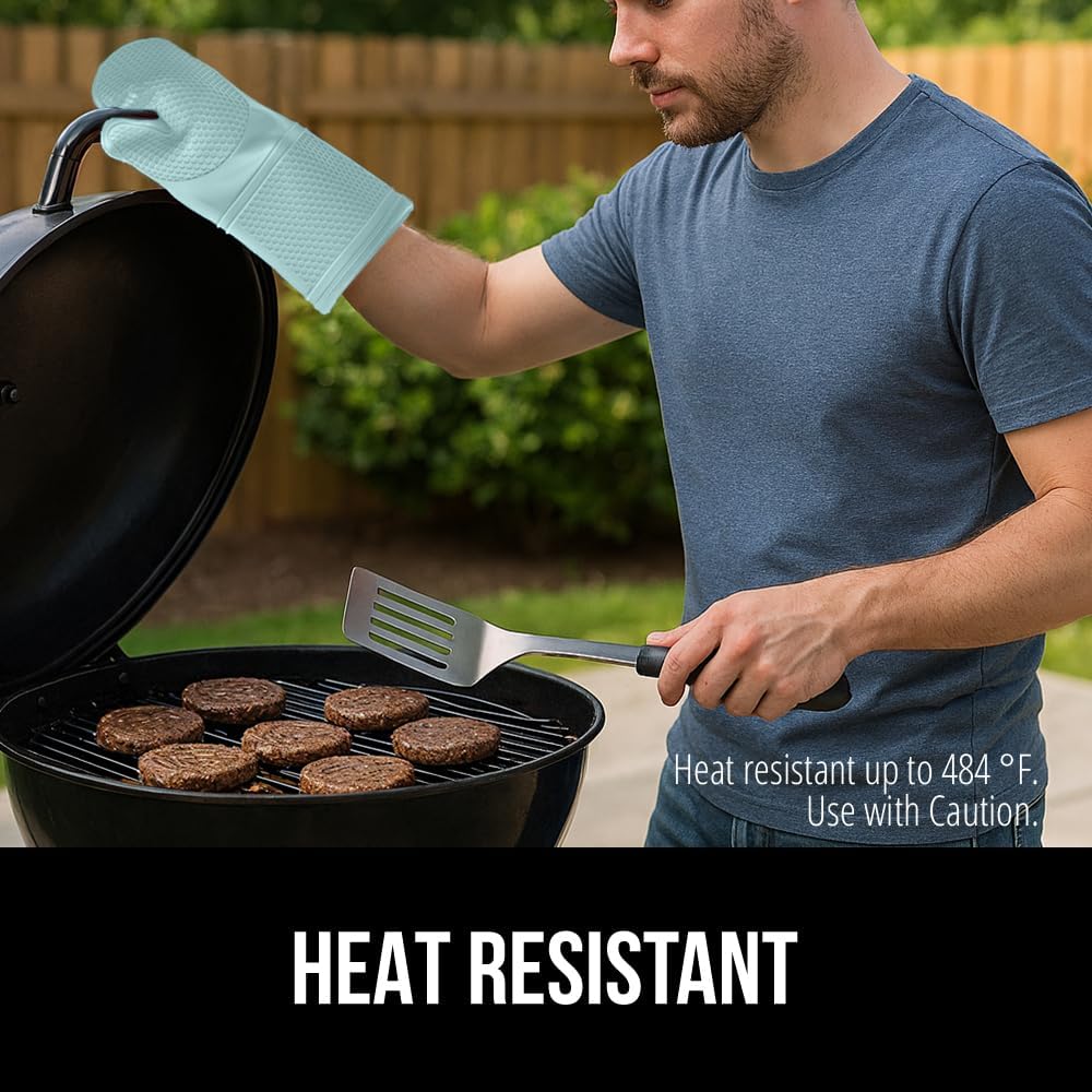 GORILLA GRIP BPA-Free Soft Silicone Oven Mitts, Heat Resistant and Waterproof Cooking Gloves, Thick Cotton Lining, Flexible Gripping for Baking Grilling, Kitchen Potholders Set of 2, 12.5x8.3, Mint