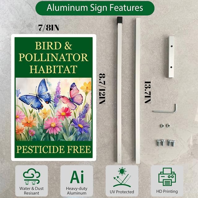 Bird and Pollinator Habitat Pesticide Free Yard Sign With Stakes 8X12 inches Rustproof Reflective Aluminum Pollinator Friendly Garden Sign Stand Butterfly Outdoor Decor
