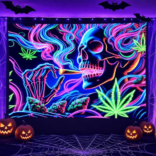 Smoking Skull Blacklight Tapestry 78x59 Inch Goth Wall Decor