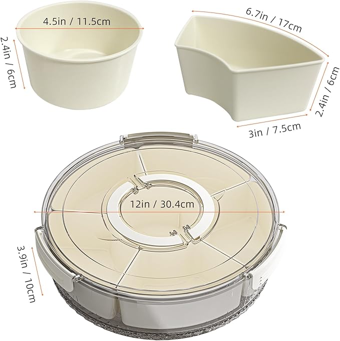 Divided Serving Tray with Lid and Handle, Stackable Snackle Box Container for Fruits Candy Organizer, Portable Spinning Rounded Veggie Tray for Kitchen, Party, Trave and Picnic-2 PACK