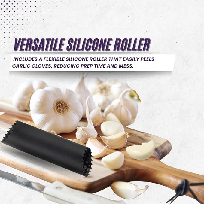 Garlic Press Rocker Set- Premium Garlic Crusher- Innovative & Fast Garlic mincer- Peeler and Scraper Included- Comfortable Grip