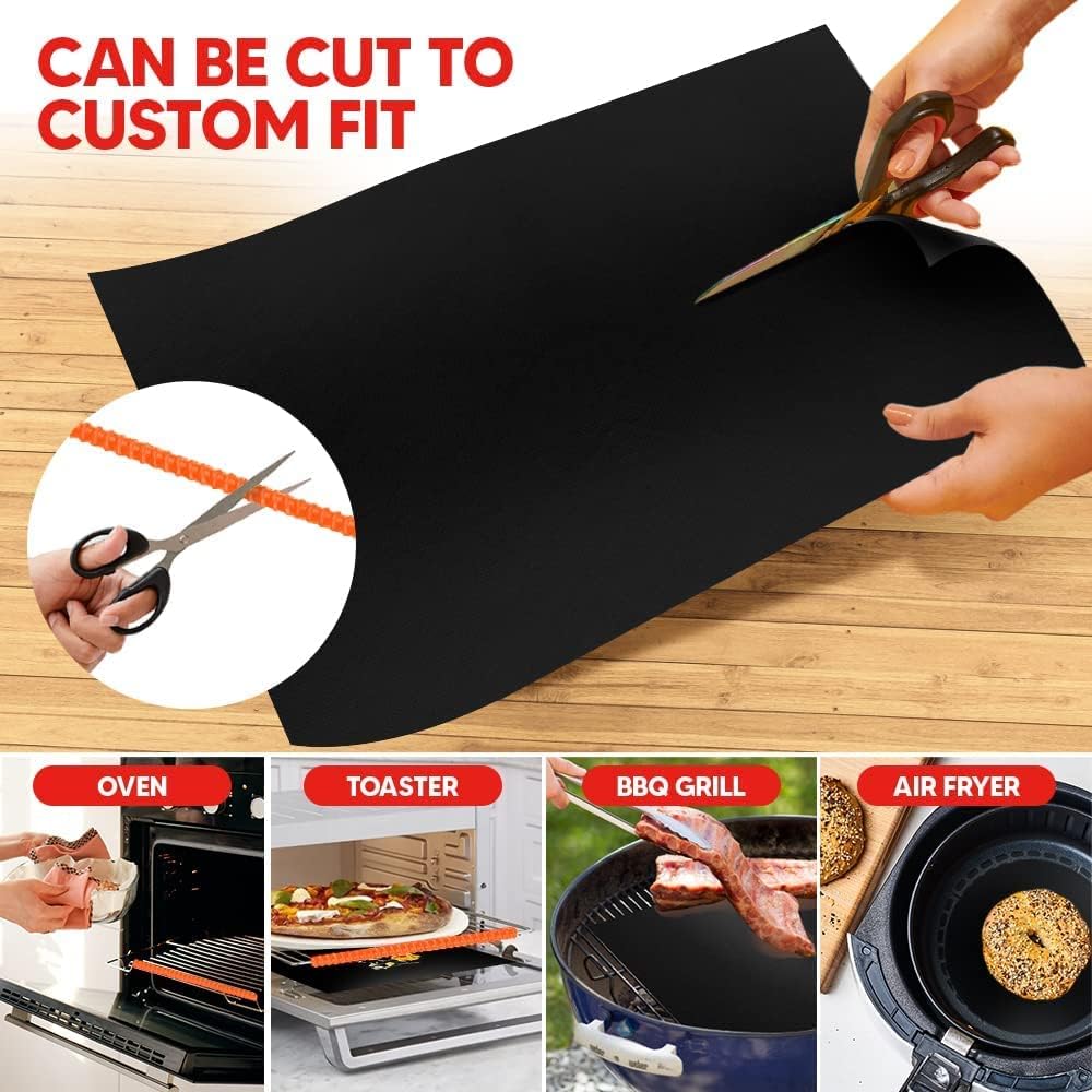 Oven Liners for Bottom of Oven Black (2-pack) Bundled with Rack Shield (2-pack) - Large Mat for Bottom of Range (17"x 25") and 22" Orange Stove Guards for Racks - Reusable & Heat Resistant