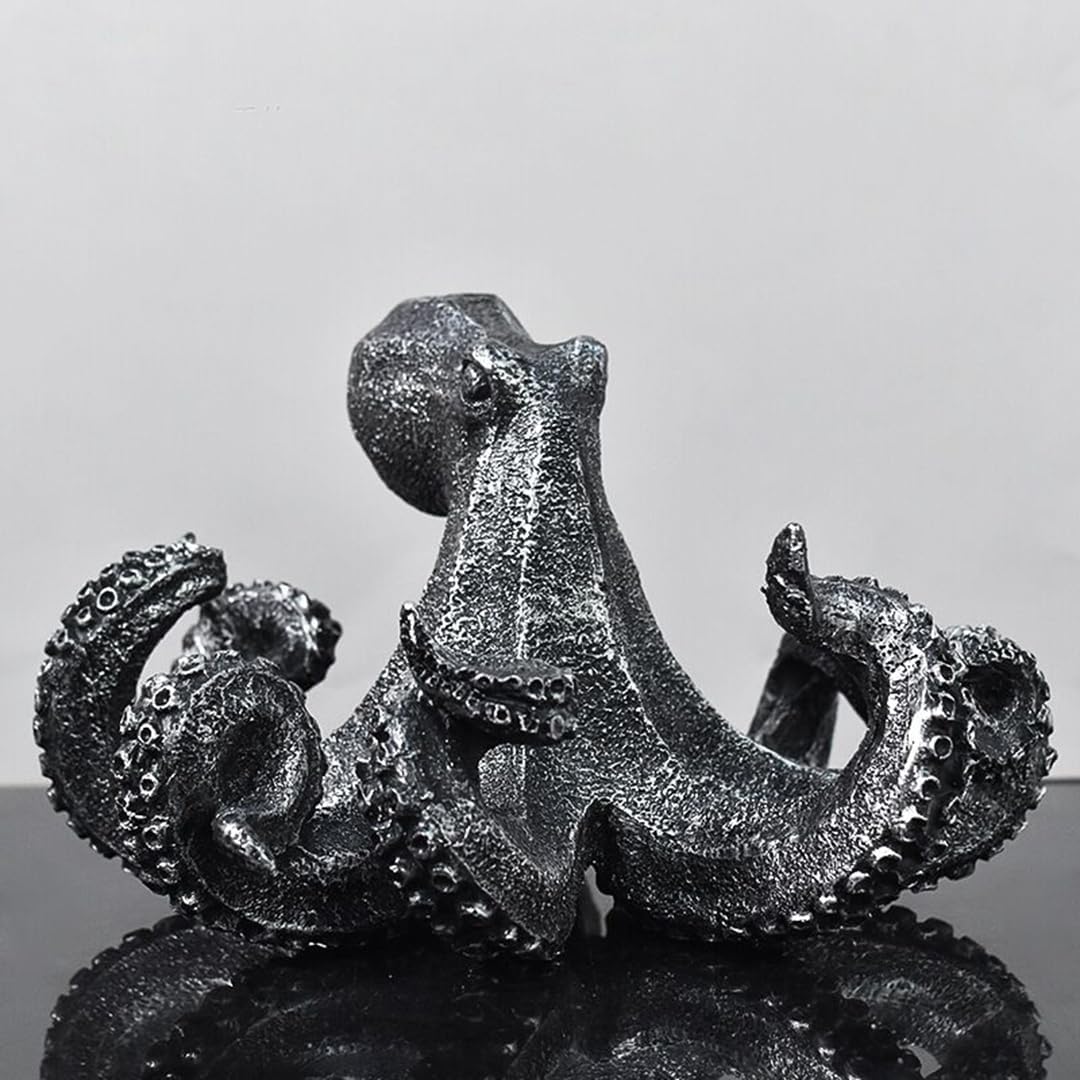 10 Inch Octopus Vintage Statue Sculpture Frgurine Gift for Home Office Living Room Desktop Display Decor Decorative (Silver)
