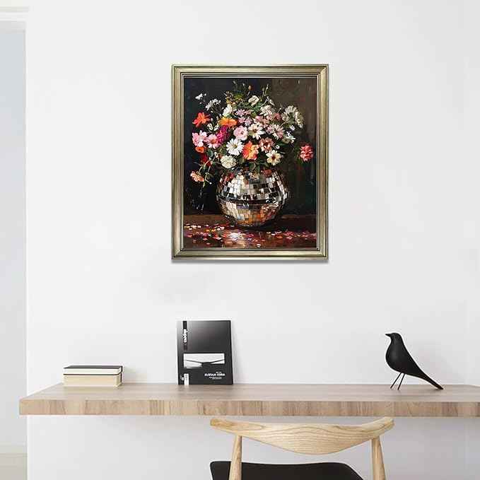 Vintage Framed Disco Ball Wall Art Retro Eclectic Wall Decor Colorful Moody Florals Painting Maximalist Wall Art Funky Flowers Bouquet Print Artwork