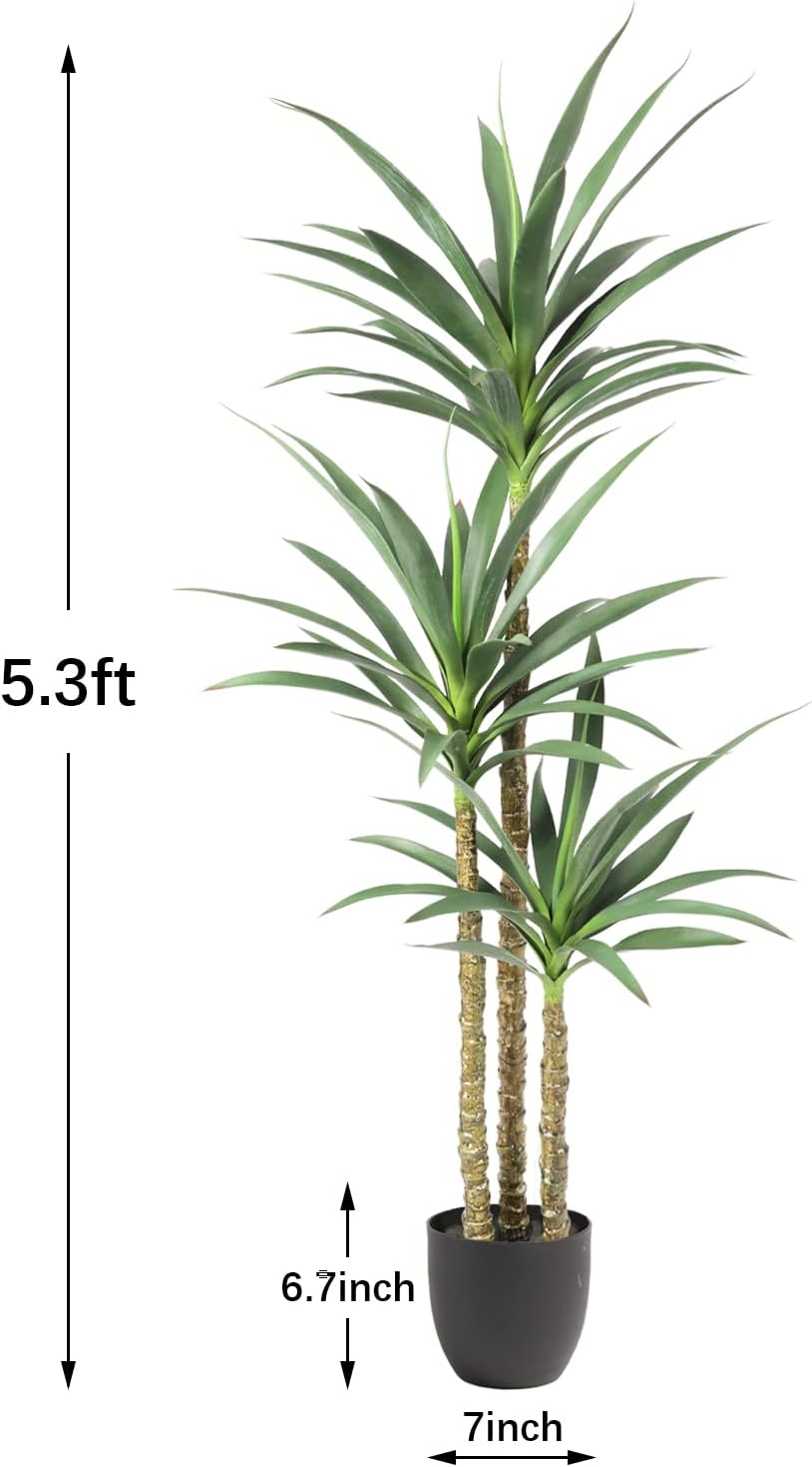 Artificial Tree 5.3Ft Faux Agave Plant with 3 Heads in Plastic Pot Fake Tree for Home Decor Indoor or Outdoor Office Decoration Housewarming Gift