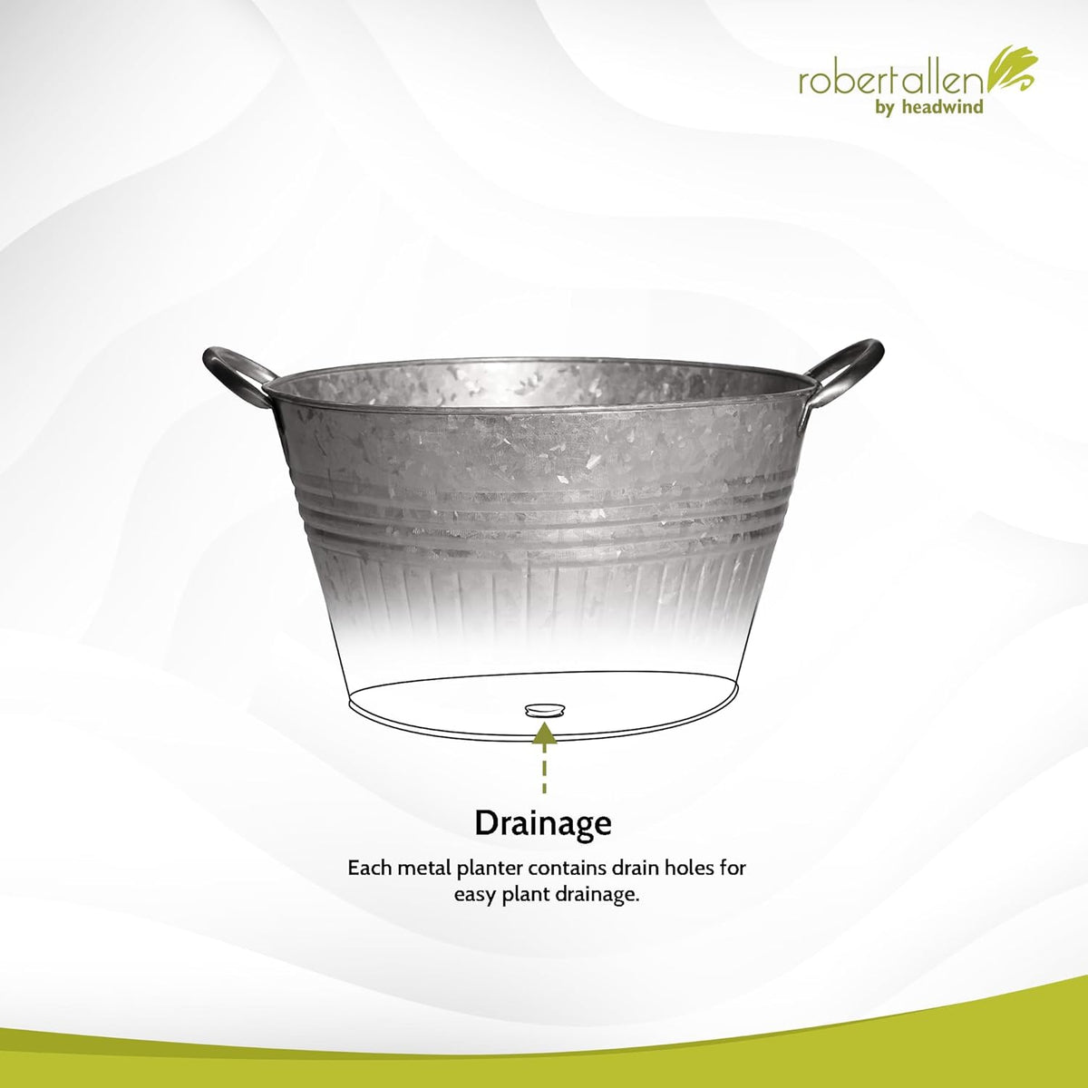 Headwind Round Galvanized Tub Planter with Handles – 16 Inch Lightweight Metal Planter with Drainage Hole – Galvanized Steel Tub for Plants - Metal Flower Pot by Robert Allen