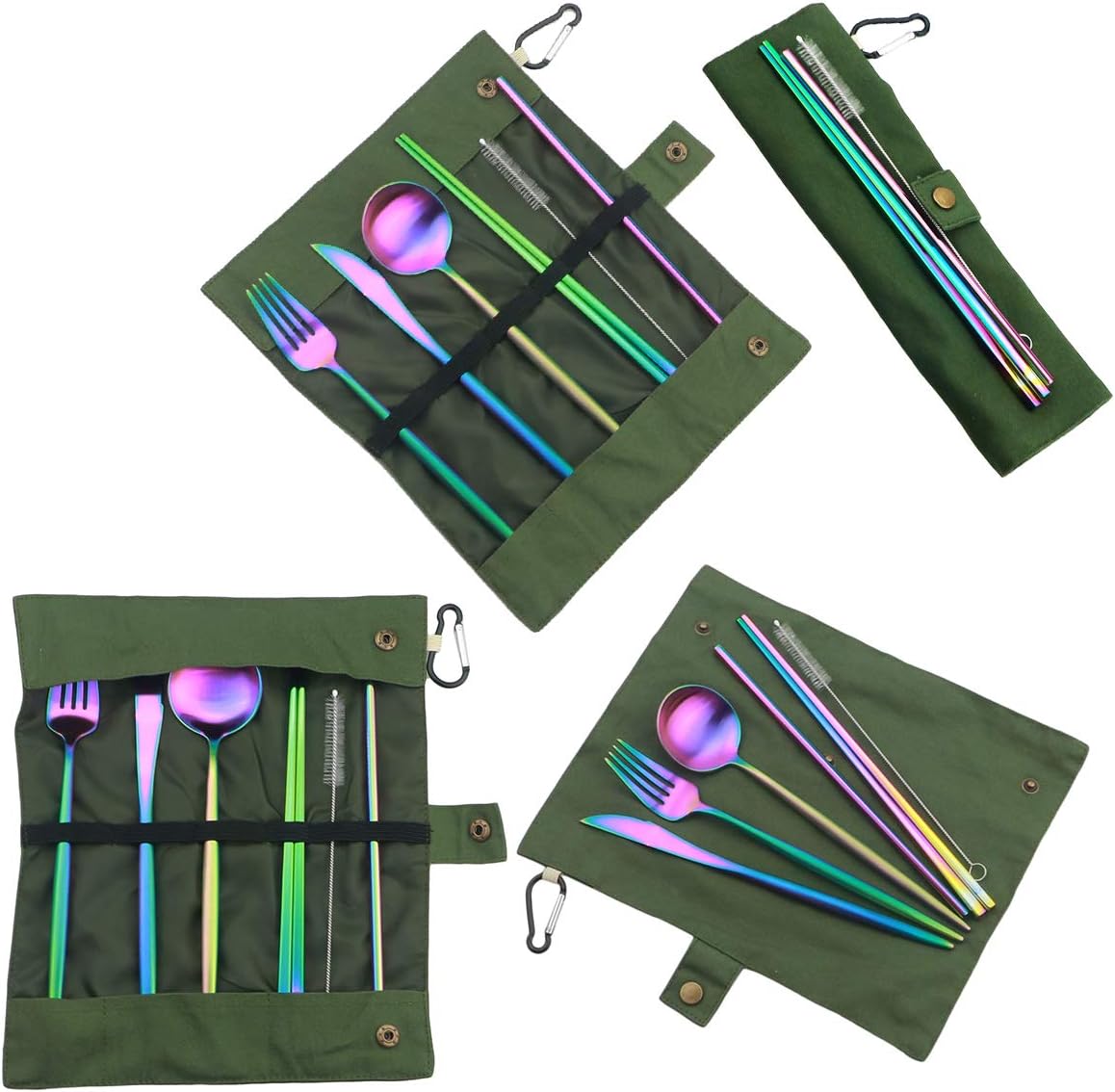 Gugrida Reusable Travel Utensils, 7 Piece Portable 304 Stainless Steel including Knife Fork Spoon Chopsticks Cleaning Brush Straws Portable Pouch, Eco-friendly Camping Silverware Set, Dishwasher Safe