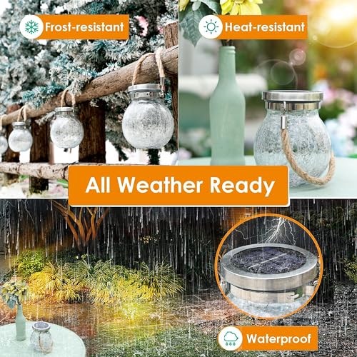 Gifts for her him 2 Pack Solar Lanterns Outdoor Waterproof Heavy Crackle Glass 30 LED Warm Firefly Lights Stainless Steel Lid 215% Solar for Women Mom Grandma Outdoor Lamps Garden Yard Decor (2 Count)