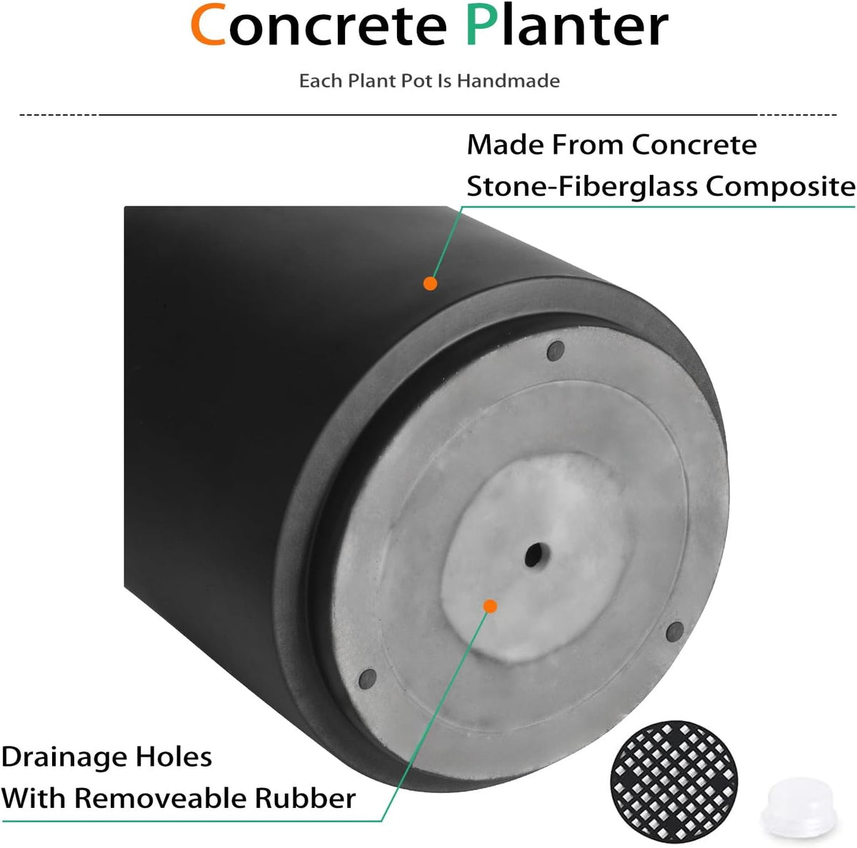 Round Concrete Planter Outdoor Indoor, Large Cement Plant Pots for Flowers (Black, 16 inch)