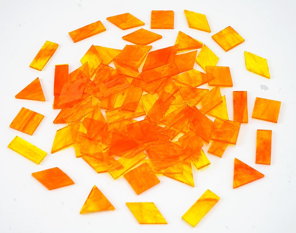 Large Textured Transparent Glass Mosaic Tiles, 200G Vibrant 4 Shapes Stained Pieces for DIY Crafts Bulk, 70pcs for Art Decor, Pumpkin