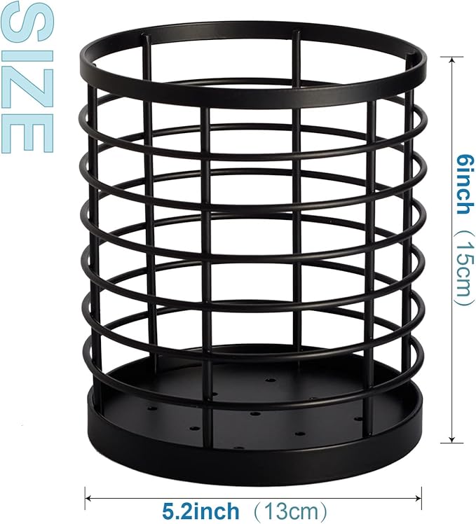 WDT Tool Utensil holder for Kitchen Counter - 5.2" x 5.2" x 6" Large Round Utensils Holder with Wooden Base Matte Black Cooking Utensil Holder,Kitchen countertop Utensil Organizer (Metal)