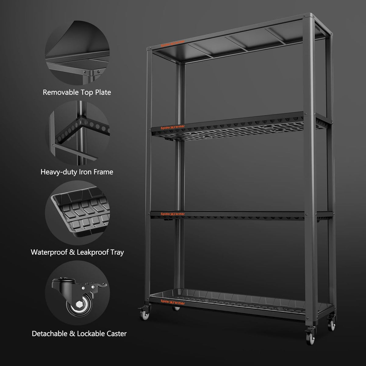 Spider Farmer Plant Stand 3 Tier Heavy-Duty Metal SF600 Plant Shelf With Waterproof Trays and Lockable Wheels For Flower Pot Display Easy Assembly Rack Black Indoor Outdoor 46Lx15Dx70H