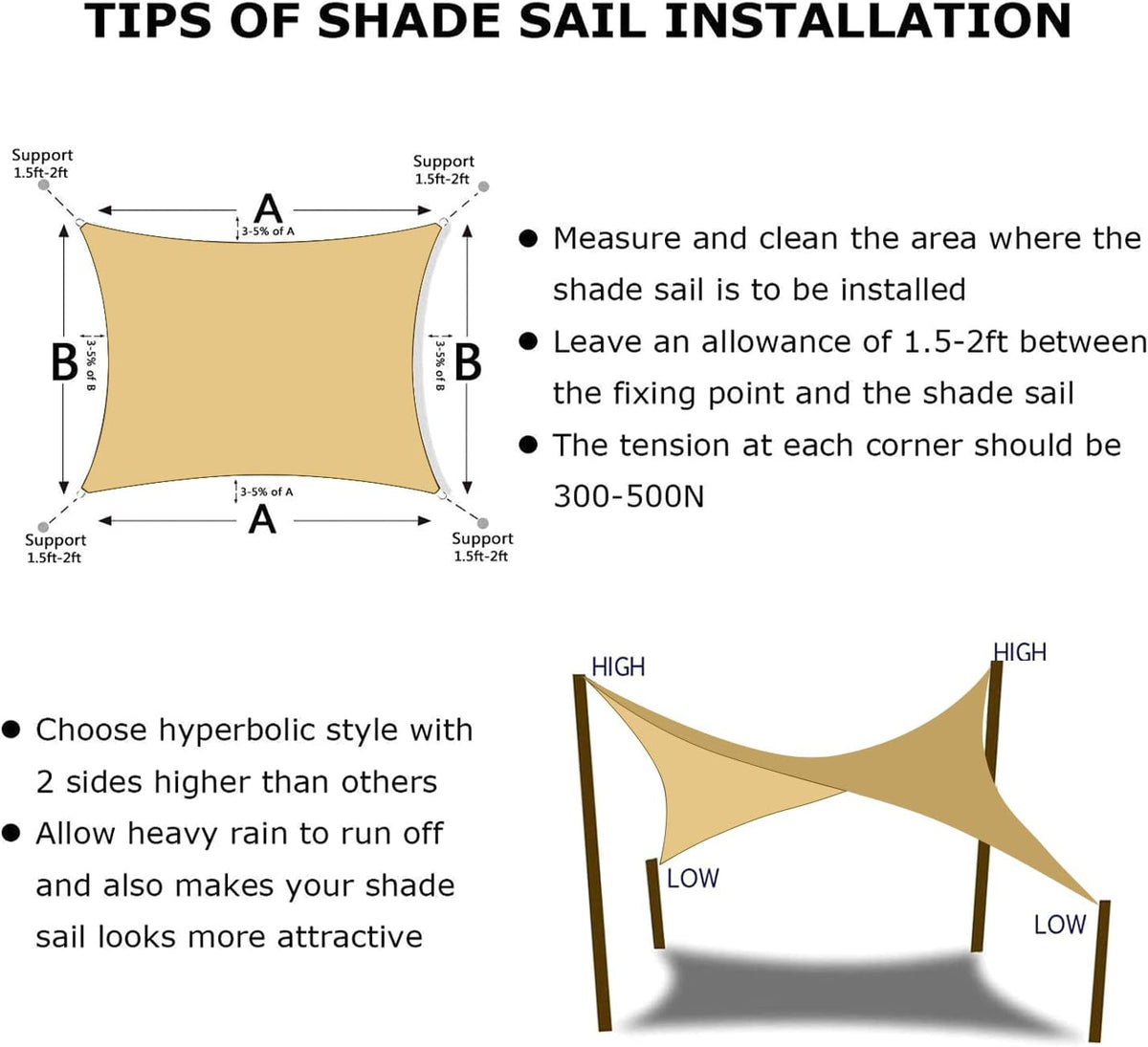 KANAGAWA 14'X15' Sand Custom Size Sun Shade Sail Rectangle UV Block Canopy Cover for Patio Backyard Lawn Garden Outdoor (Customized Available)