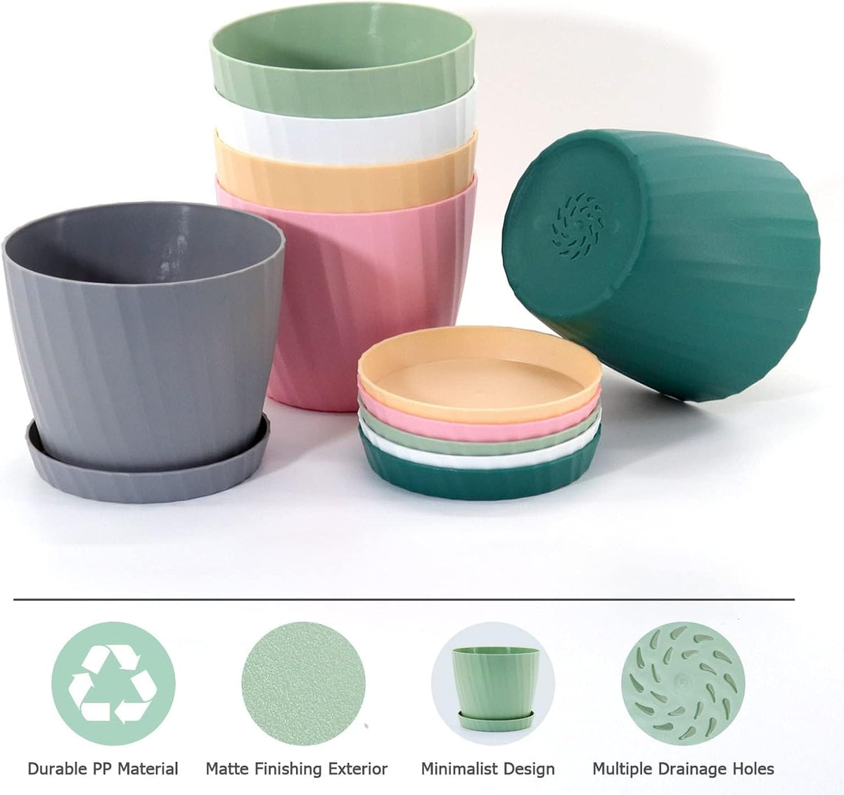7 Inch Plant Pots Bulk, 6 Pack Plastic Planters with Drainage Holes and Saucers for Indoor Outdoor House Plants and Flowers, Colorful