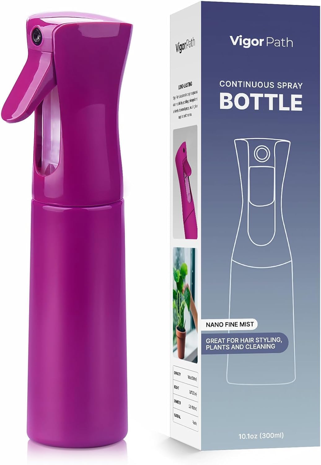 VIGOR PATH Continuous Water Mister Spray Bottle for Hair - Continuous Spray Nano Fine Mist Sprayer - Reusable Beauty Spray Bottle - Cleaning, Hairstyling & Plants (Light Purple - 10oz)