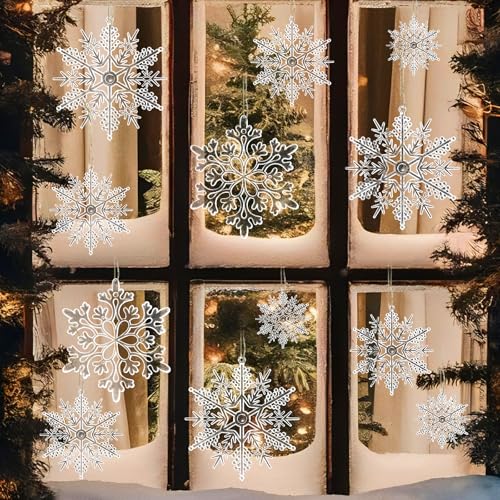 Christmas Tree Decorations Snowflake Ornaments 60Pcs Clear Plastic Hanging Snowflakes from Ceiling Snow Flakes Decorating Hanging for Winter Wonderland Decorations Indoor Outdoor Decor (60 Count)