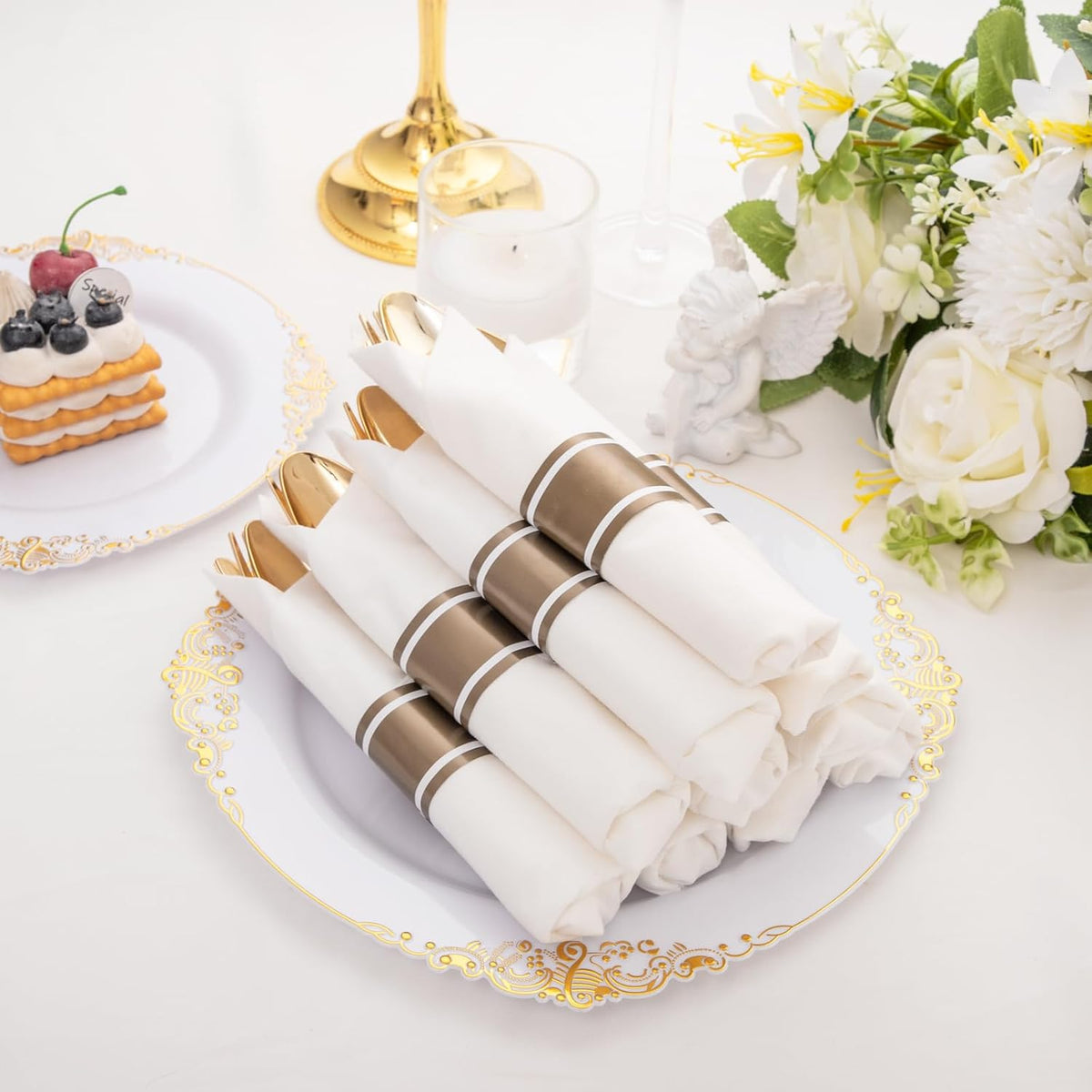 400PCS Pre Rolled Gold Plastic Silverware Sets - Heavy Duty Fancy Gold Cutlery - Include 100 Pack Wrapped Disposable Utensils with Napkins for Parties, Dinners & Weddings