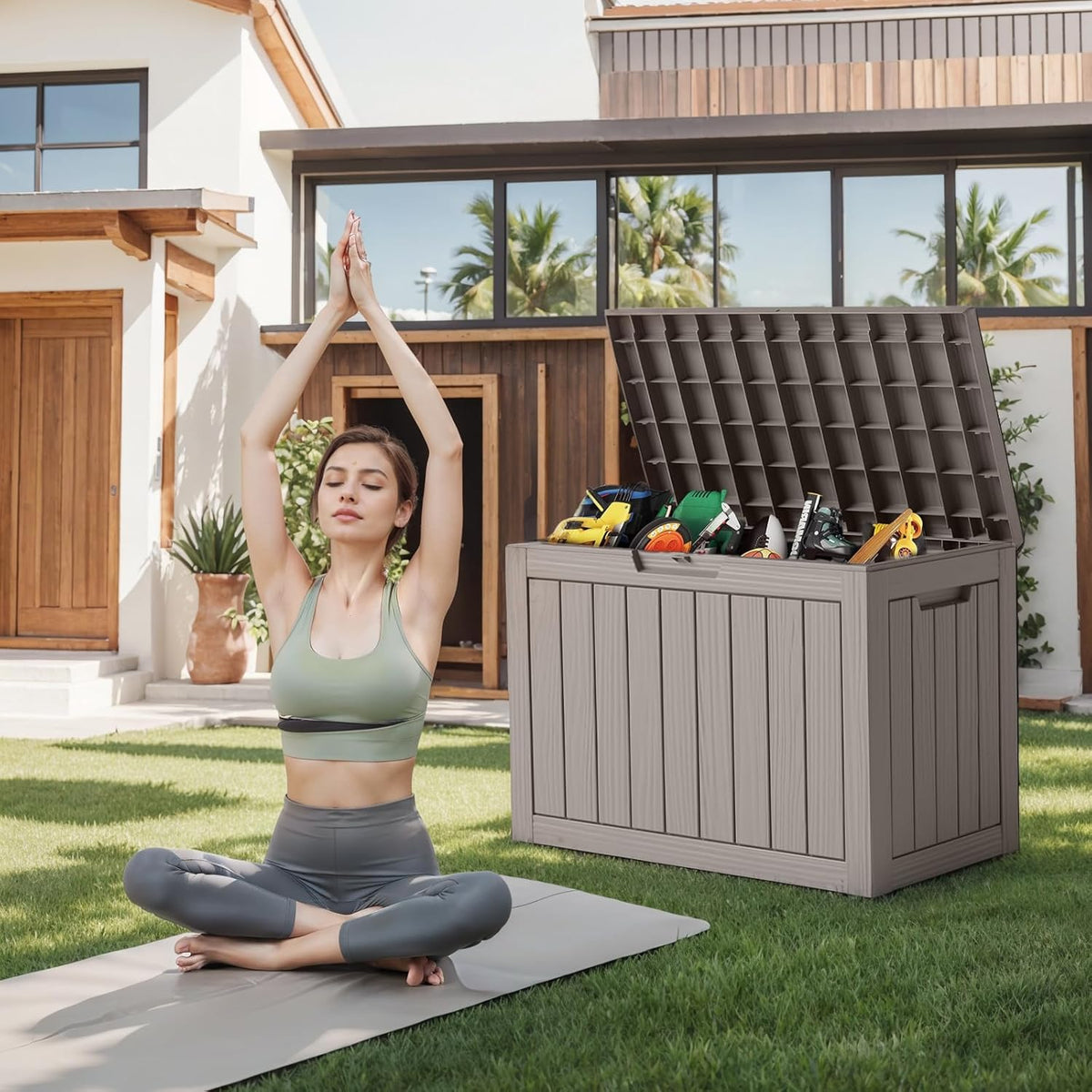 DRATO 45 Gallon Deck Box, Outdoor Storage Box for Patio Furniture, Patio Cushions, Gardening Tools, Pool Supplies 480lbs Weight Capacity,Waterproof Resin Storage Boxes