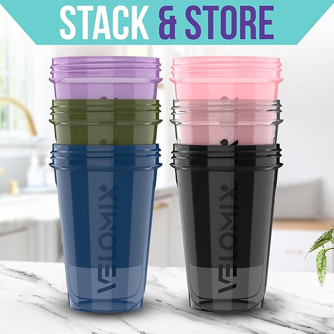 VELOMIX -6 PACK- Shaker Cups for Protein Shakes 20 oz - 6x Wire Whisk | Leak Proof Protein Shaker Bottle for Protein Shakes, Shaker Bottle Pack for Pre & Post Workout, Shaker Cup (Muted Contrast)