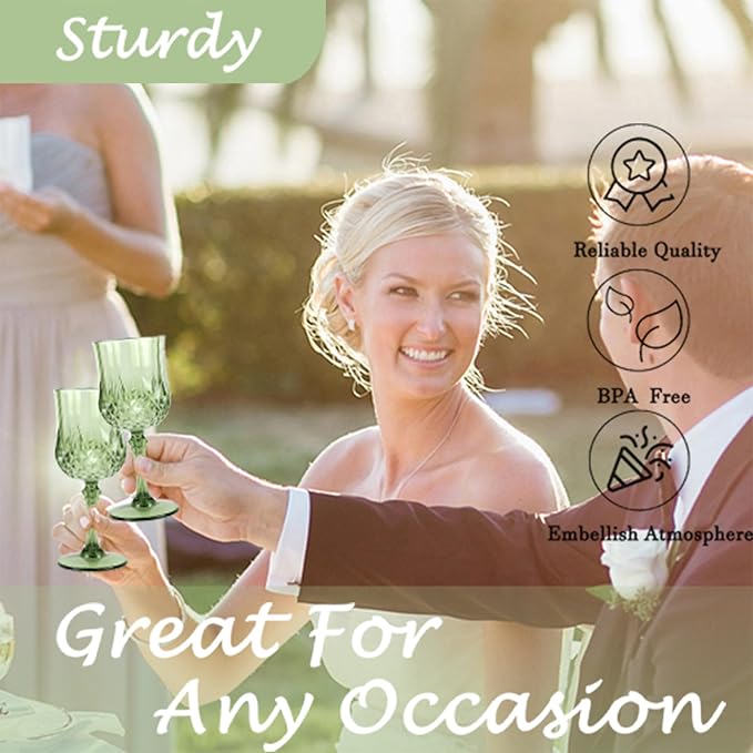 Plastic Wine Glasses, Plastic Goblets Vintage Style Cordial Unbreakable Drinking Glasses, Reusable Drinkware for Wedding Reception, Grand Event Party Supplies (48, New Green)