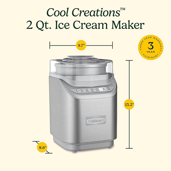 Cuisinart Ice Cream Maker Machine, 2-Quart Stainless Steel Frozen Yogurt, Gelato, Sorbet, Ready in 20 Minutes, LCD Screen and Timer, ICE-70P1