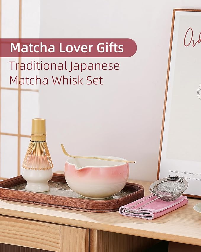 ZENS Pink Matcha Set, 6pcs Matcha Kit Includes Ceramic Bowl, Handcrafted Bamboo Whisk and Chasen Holder, Scoop, 304 Sifter & Tea Mat, Matcha Whisk Set Gift for Matcha Lovers
