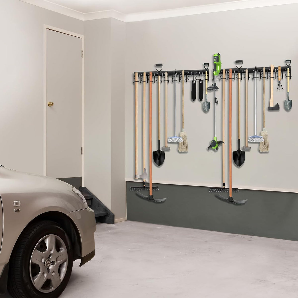 LEYU Metal Garage Tool Organizer Wall Mount, 4 Pack Garden Tool Organizer With Extension Cord Straps, Garage Organization Hooks and Hangers for Shed, Yard Storage, Wall Holder for Hanging Broom Mop