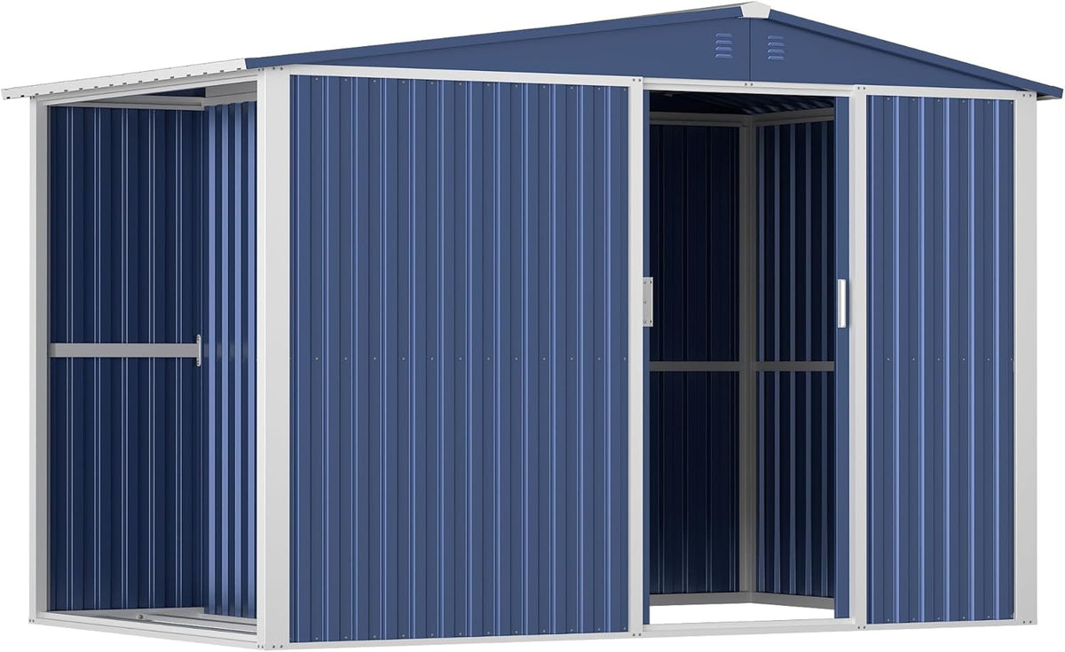 Metal Outdoor Storage Shed 10FT x 6FT with Firewood Storage, Steel Utility Tool Shed Storage House with Sliding Door, Metal Sheds Outdoor Storage for Backyard Garden Patio Lawn, Blue