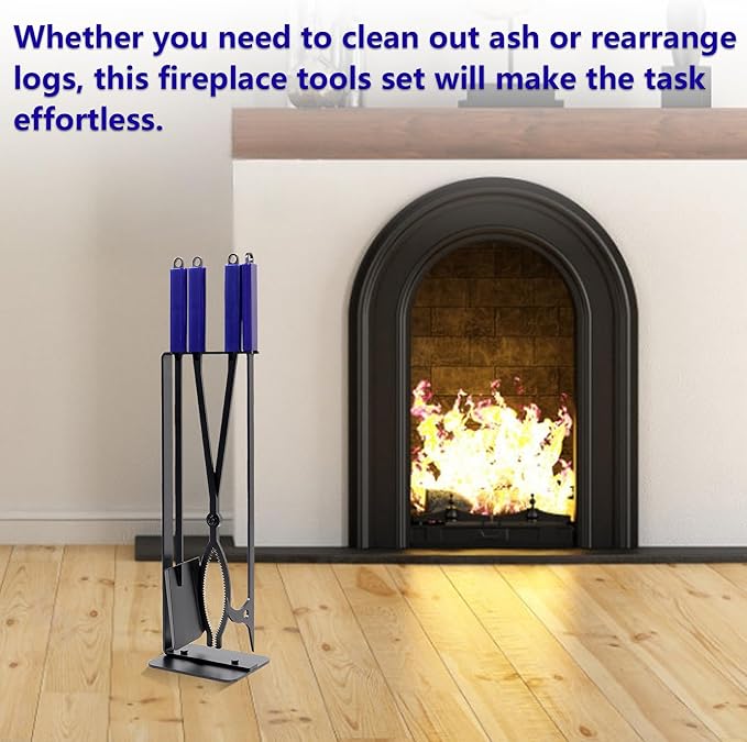 Fireplace Tools Set Indoor, 28" Fire Poker Fire Tongs and Shovel, Wrought Iron Firewood Tongs with Metal Stand and Rubber Handle Log Grabber for Fire Pit Ash Shovel for Campfire Backyard Bonfire