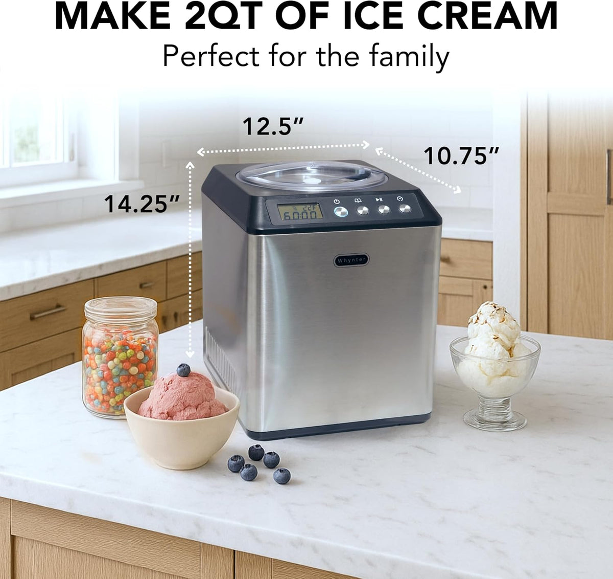 Whynter Ice Cream Maker Machine Automatic 2.1 Qt. Upright with Built-In Compressor, LCD Digital Display & Timer, No Pre-Freezing, ICM-201SB, Stainless Steel