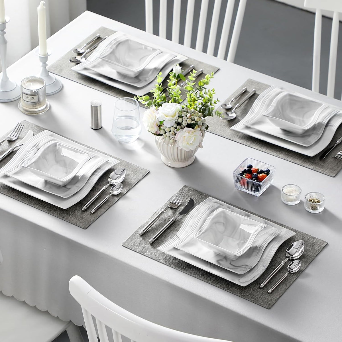 MALACASA Square Dinnerware Sets, 26-Piece Marble Grey Plates and Bowls Sets, Porcelain Dinner Set Microwave Safe, Kitchen Dinnerware Plates Set, Dishes and Bowls, Dish Set for 6, Series Flora