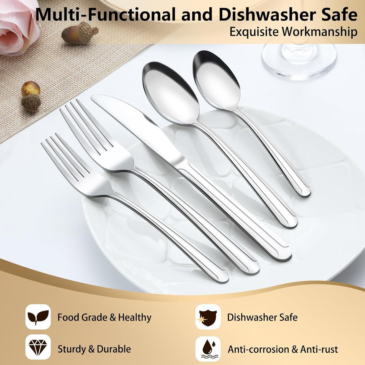 Pleafind 60-Pcs Silverware Set Service for 12, Premium Stainless Steel Flatware Set, Include Forks Spoons and Knives Set, Mirror Polished Cutlery Utensil Set for Home Restaurant, Dishwasher Safe